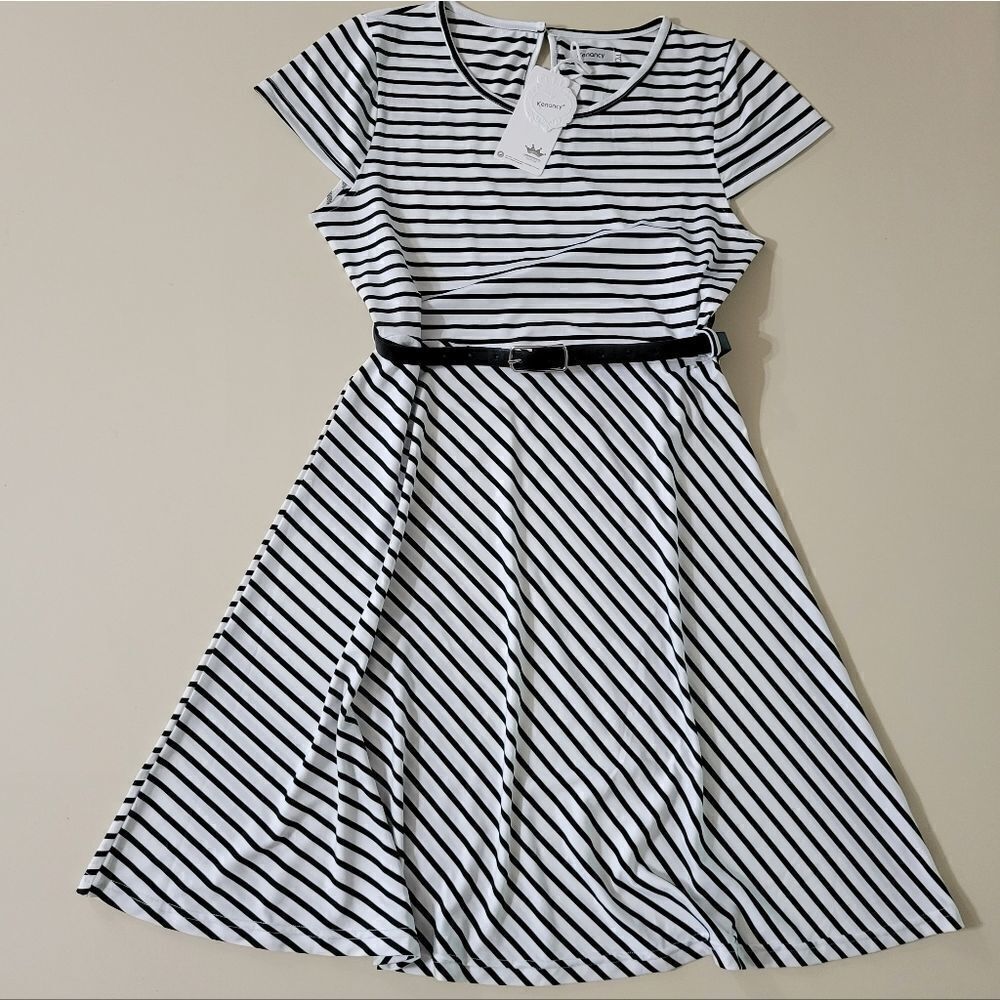 Kenancy White and Black Stripe A-line Belted Cap Sleeve Dress